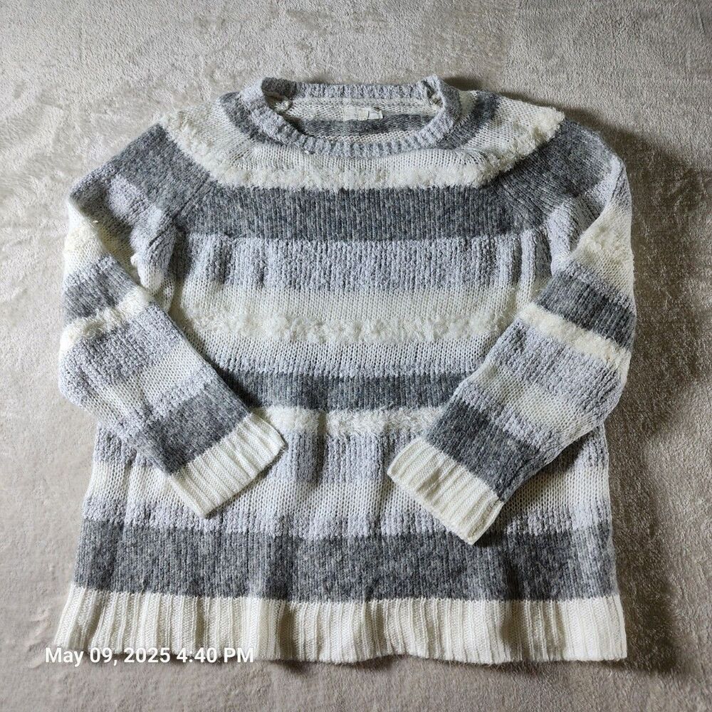 Lou & Grey Women's Medium Gray Striped Sweater Cotton Wool Blend Long Sleeves